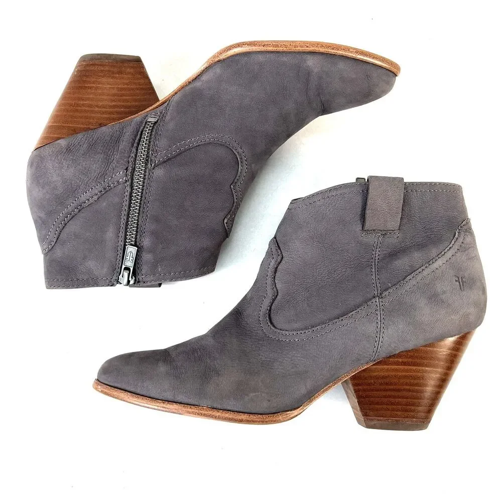 Frye Womens Reina Jea Western Ankle Boots Nubuck Leather Gray Zip Up Size 9M